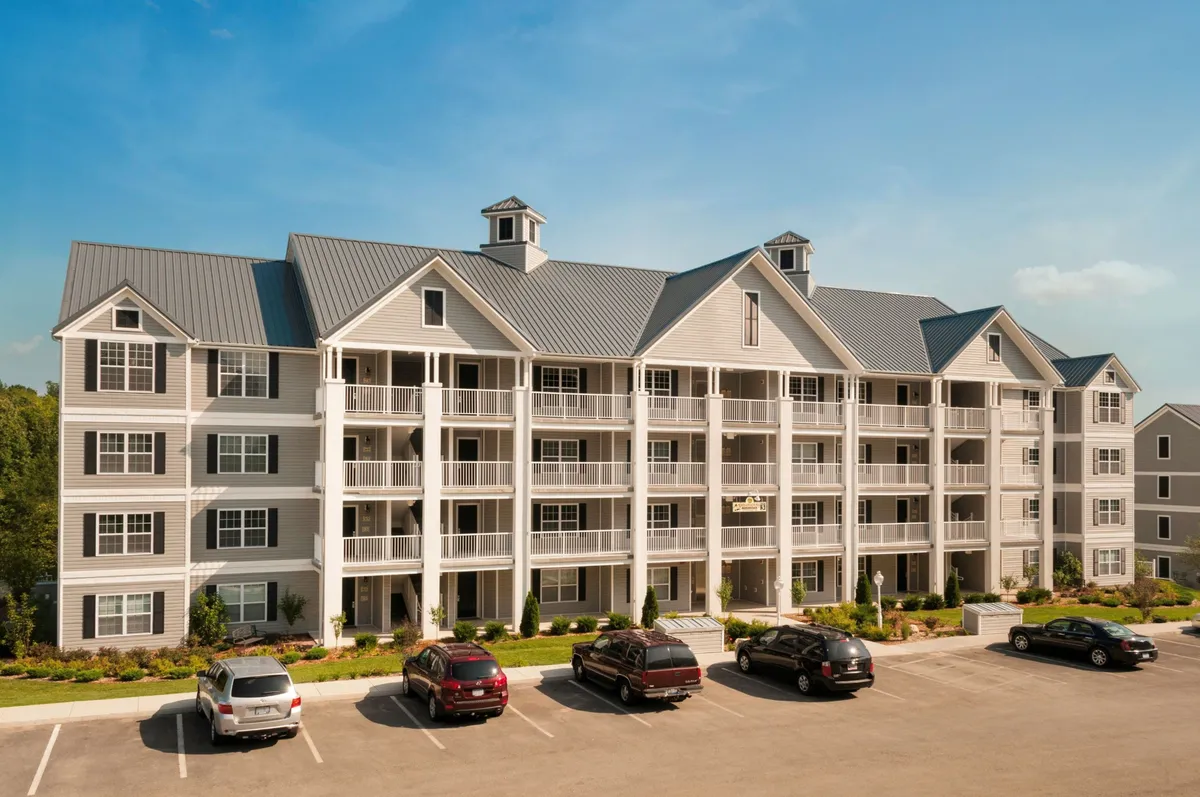 A modern building with balconies overlooks beautifully landscaped gardens and a communal area, with cars parked in front. The environment suggests a family-friendly, welcoming community ideal for gathering, recreation, and outdoor relaxation.